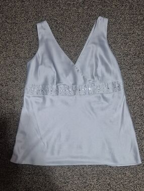 Envision Studio V-Neck Silver Satin Sleeveless Blouse with Beaded Waist